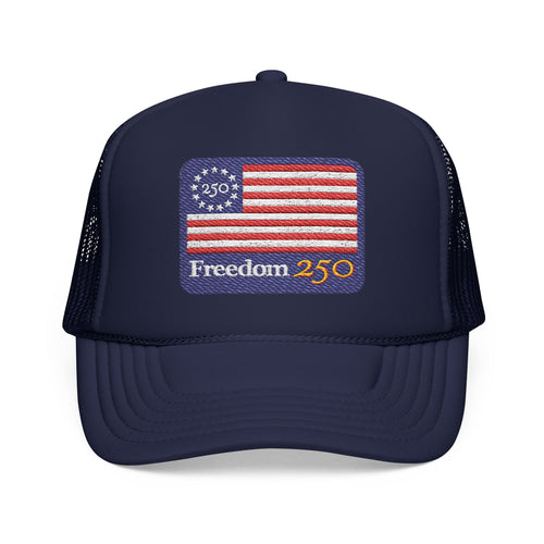 Freedom 250 Trucker Hat — Vintage American Flag Foam Cap
