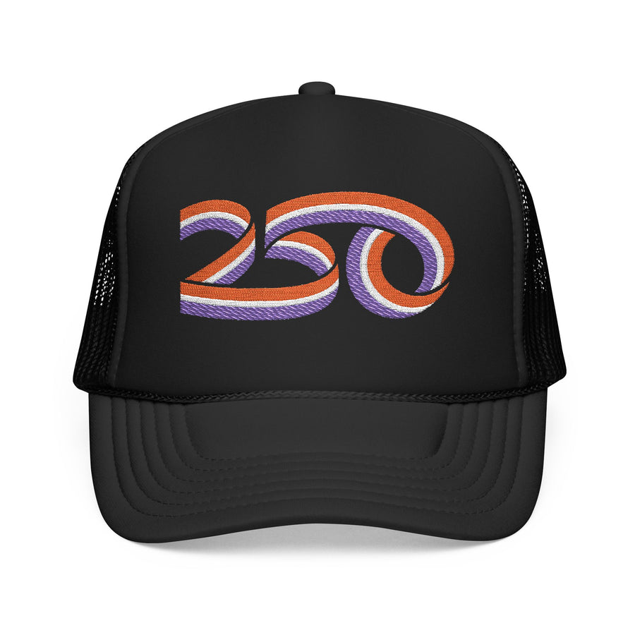 Retro 250 Foam Trucker Hat — Embroidered Curvy Stripe Logo